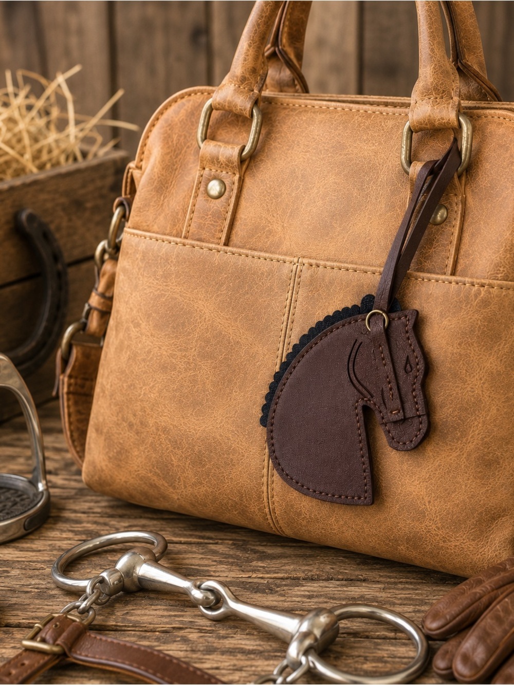 Horse Head Bag Charm Luggage Tag Dark Brown Faux Leather